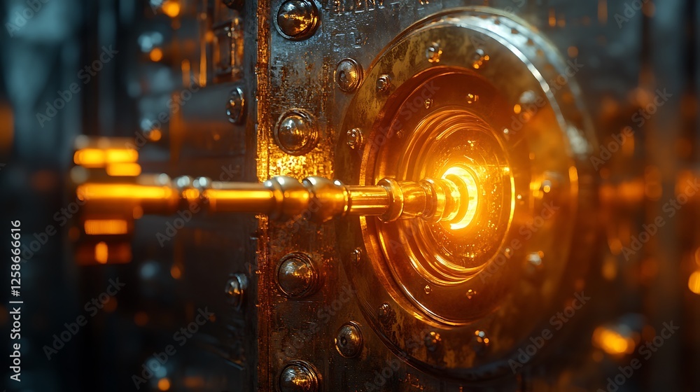 Brightly glowing golden key unlocking a vault door shimmering with discount engravings Brightly glowing golden key unlocking a vault door shimmering with discount engravings
