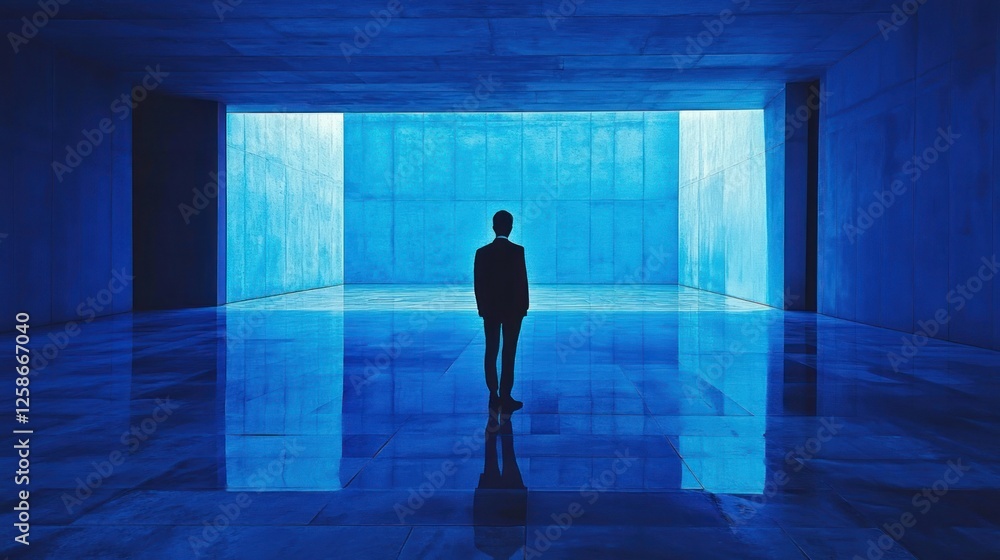 Man in suit stands in a blue, reflective room. Man in suit stands in a blue, reflective room.