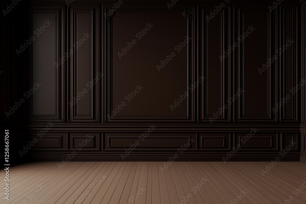 Empty room mockup showcasing brown paneled walls with natural wood flooring, ideal for interior design visualization and staging projects in modern living spaces Empty room mockup showcasing brown paneled walls with natural wood flooring, ideal for interior design visualization and staging projects in modern living spaces