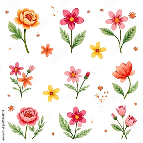 A pattern of spring pink and yellow flowers on a white background.
