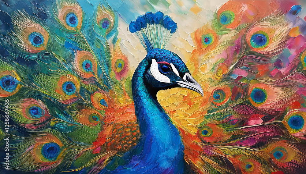 Obraz premium an unique oil painting on canvas presenting a lovely multicolored peacock offered as a piece of modern artwork
