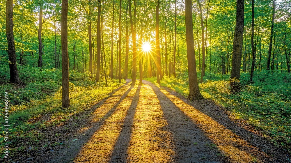 Fototapeta premium Sunlit Forest Path Golden Hour Serenity