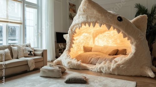 Cozy shark-themed bed in bright modern living room setting photo