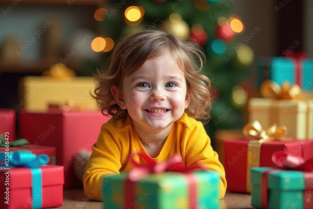 Smiling child surrounded by colorful presents, young, christmas Smiling child surrounded by colorful presents, young, christmas