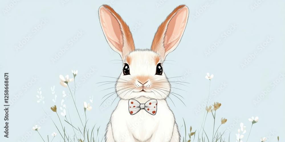 Fototapeta premium Cute cartoon rabbit with bowtie in floral field. Rabbit Week