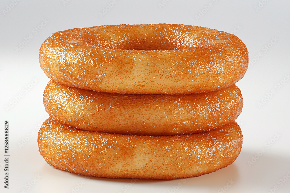 Stack of three freshly baked, golden-brown donuts with a sugary, glistening glaze on a white surface. Stack of three freshly baked, golden-brown donuts with a sugary, glistening glaze on a white surface.