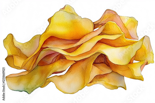 Watercolor painting of abstract, layered yellow and orange shapes resembling delicate petals or crisped fabric. photo