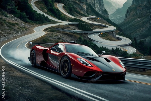 Race car wallpaper. Modern luxury sports car banner, Racing sports car on neon highway. Powerful acceleration of a supercar on a night track with colorful lights and tracks. Blur at high speed.  photo