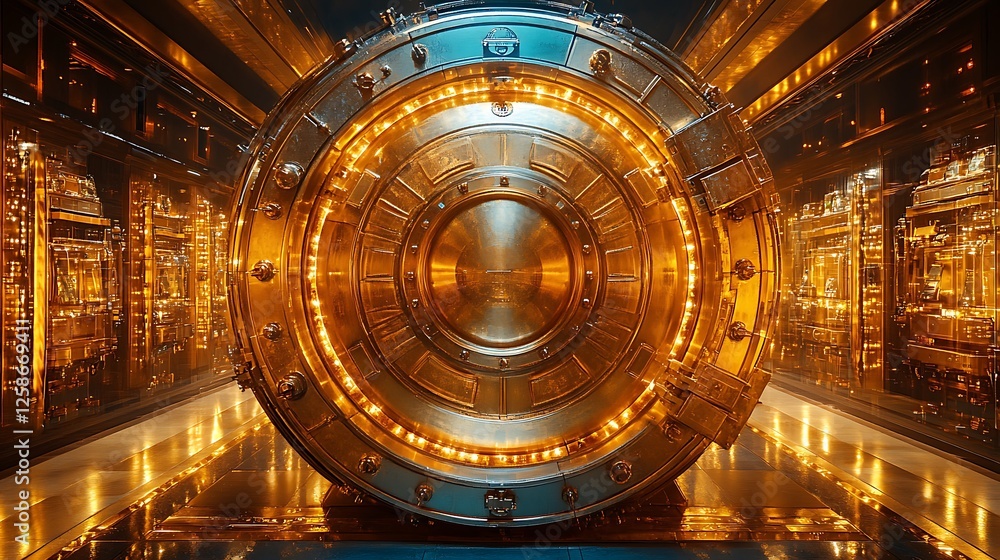 Fototapeta premium Golden vault door rich with discount engravings key unlocking a financial glow