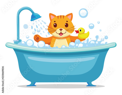 A cute cat baby in bath with yellow duck on white background vector.