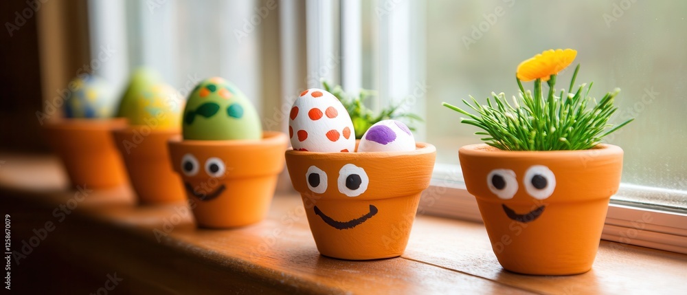 Three decorative clay pots showcase beautifully painted eggs, each adorned with vibrant colors and accompanied by lush plants, creating a charming display. Three decorative clay pots showcase beautifully painted eggs, each adorned with vibrant colors and accompanied by lush plants, creating a charming display.