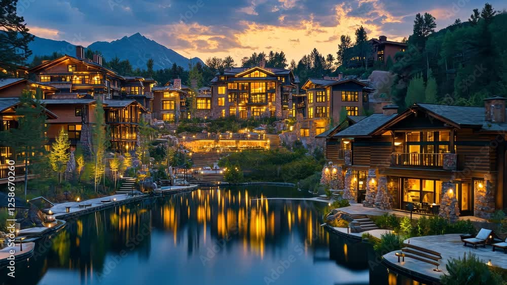 Luxury mountain resort at sunset with reflections in the lake Luxury mountain resort at sunset with reflections in the lake