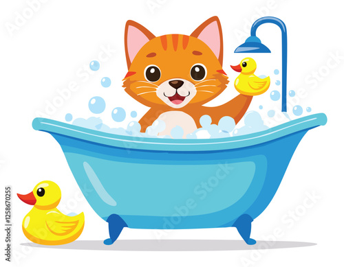 A cute cat baby in bath with yellow duck on white background vector.