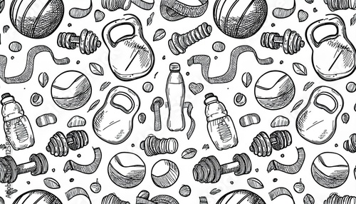 Wallpaper Mural Doodle gym sketch health seamless pattern background. Hand drawn sketch doodle healthy sport, gym fit exercise equipment background. Hand drawn tennis ball, bottle, dumbbell fit. perfect any project. Torontodigital.ca