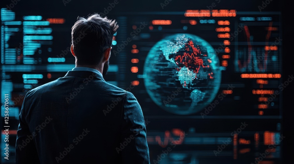 Futuristic illustration of a portfolio manager standing in front of a holographic globe and market data Futuristic illustration of a portfolio manager standing in front of a holographic globe and market data
