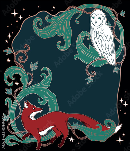 illustration in medieval fairy tale style, medieval floral ornament with fox and owl	