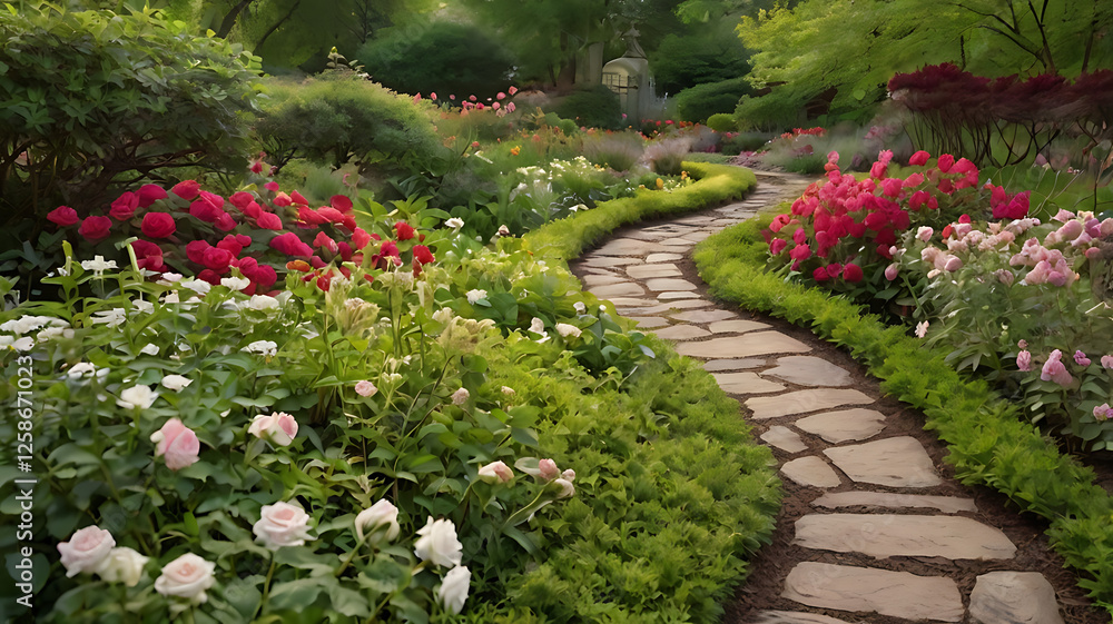Landscaping of garden stone in a spring park with trees and path with curly roses Landscaping of garden stone in a spring park with trees and path with curly roses