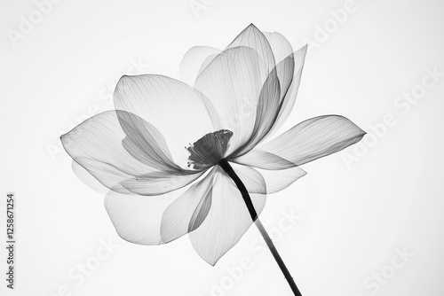 Delicate x ray floral art illustration of ethereal petals and stem on a white background