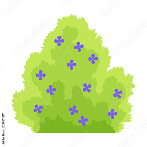 Bush with flowers icon. Cartoon forest and park shrubbery with floral elements. Landscape scene create element. Vector cartoon illustration