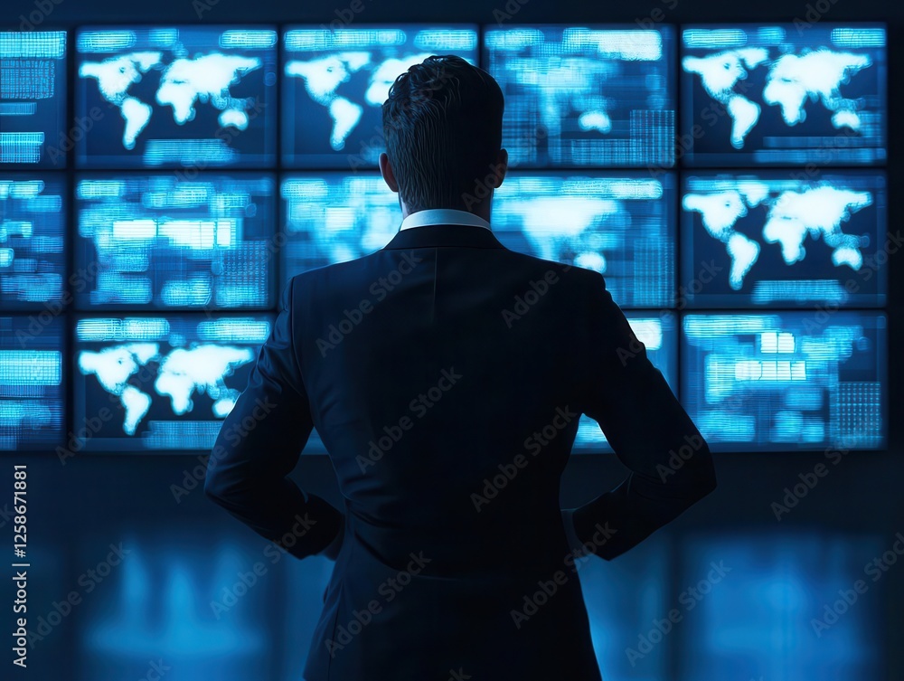 Conceptual image of a portfolio manager monitoring global stocks on multiple digital screens Conceptual image of a portfolio manager monitoring global stocks on multiple digital screens