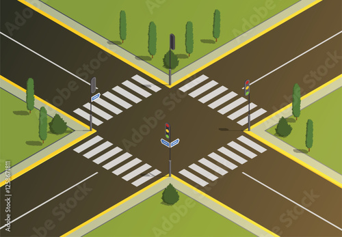 A vibrant isometric view of a crossroad with nearby lush green landscapes