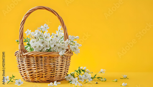 Wicker Basket With White Flowers On Yellow Background