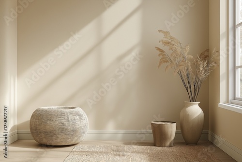 Empty room mockup featuring taupe smooth walls and natural wood flooring with minimalist decor elements and soft lighting effects photo