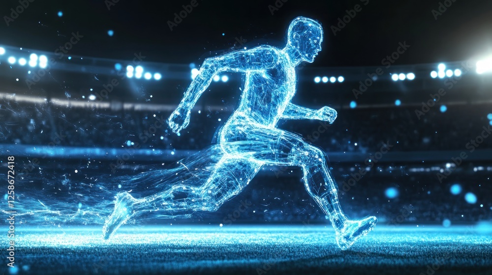 Abstract digital athlete running in stadium. Abstract digital athlete running in stadium.