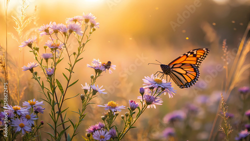 Beautiful Butterfly Resting on Wildflowers During Golden Hour, Capturing the Essence of Nature's Serenity 