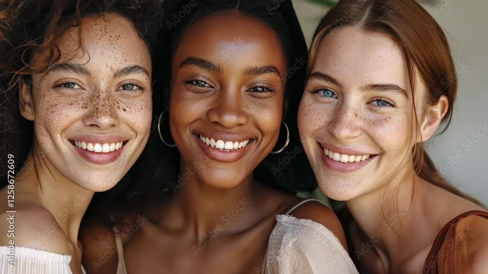 Three Diverse Women Sharing Joyful Smiles in a Natural Portrait Celebrating Friendship and Beauty Three Diverse Women Sharing Joyful Smiles in a Natural Portrait Celebrating Friendship and Beauty