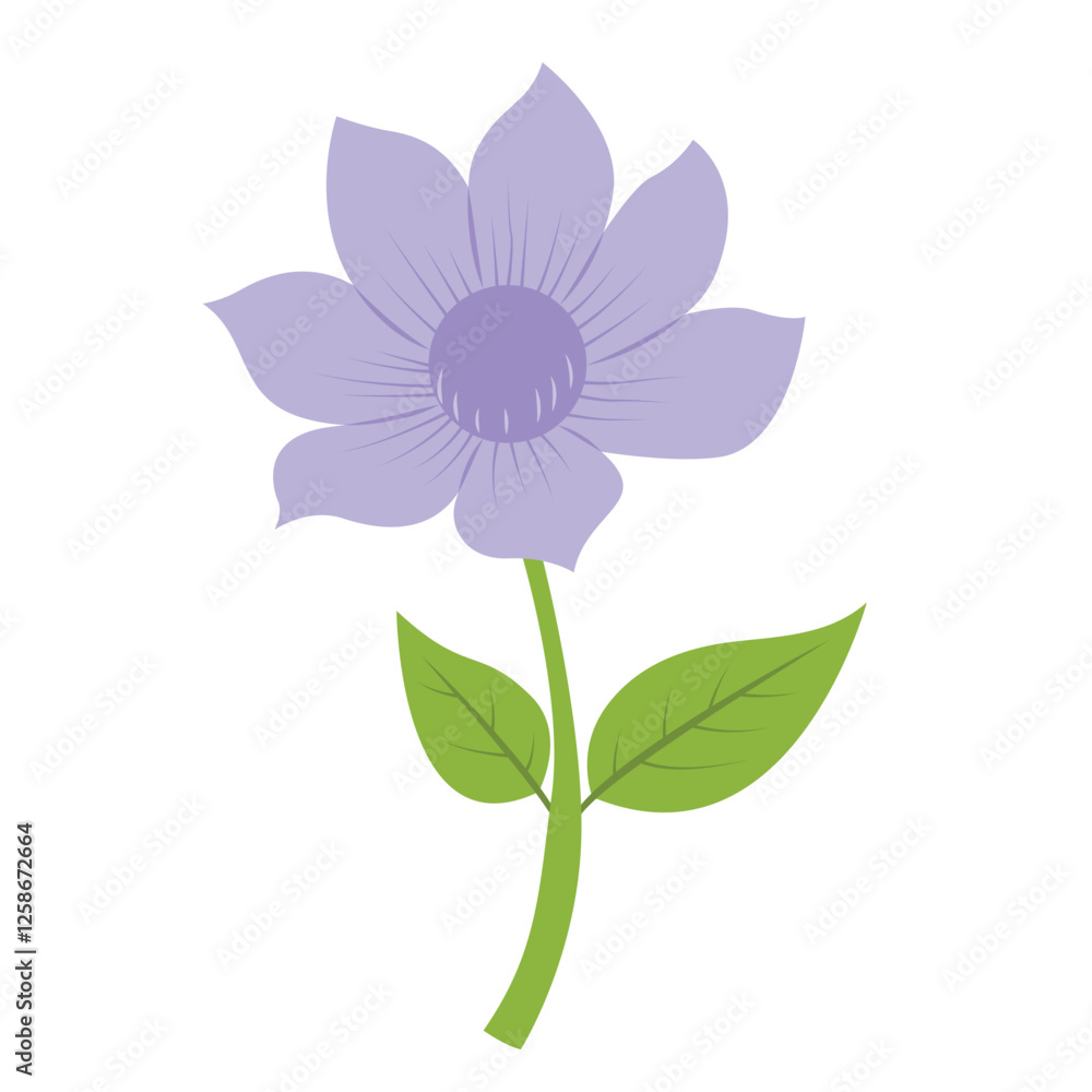 Simple purple flower illustration with green leaves, perfect for nature themed designs, stationery, garden related products, and floral themed projects Simple purple flower illustration with green leaves, perfect for nature themed designs, stationery, garden related products, and floral themed projects