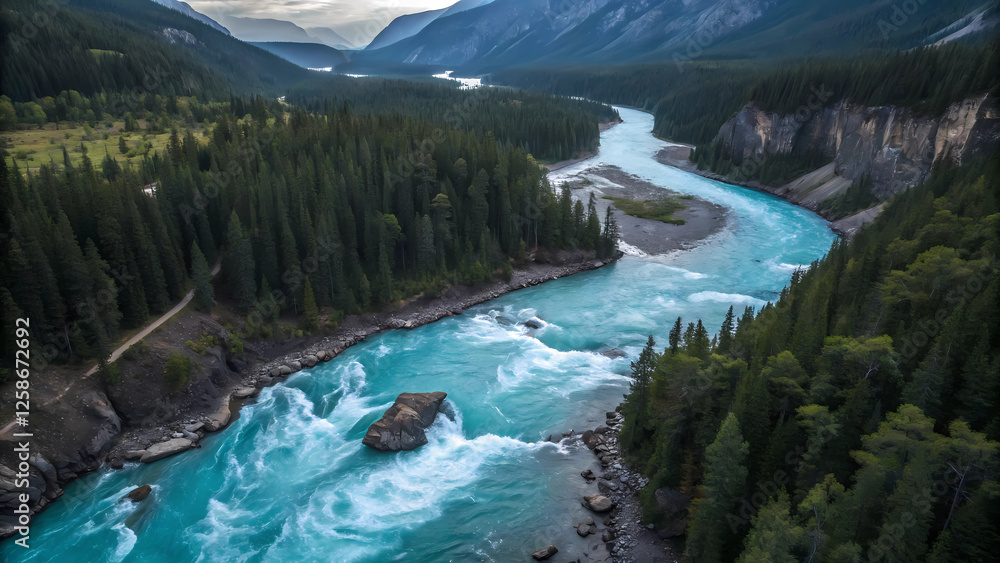 Mesmerizing Aerial View of a Turquoise River Flowing Through Lush Green Forests and Majestic Mountains Mesmerizing Aerial View of a Turquoise River Flowing Through Lush Green Forests and Majestic Mountains