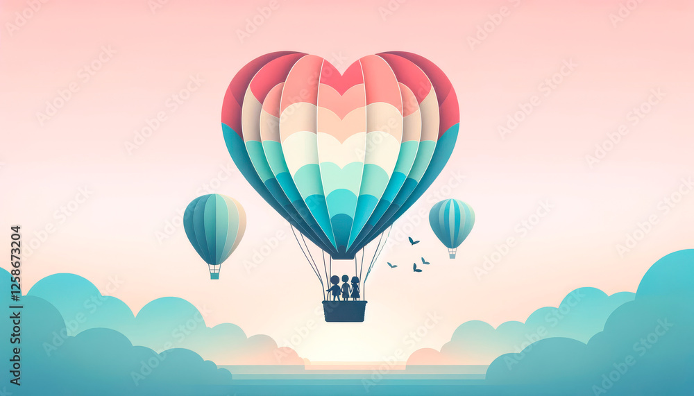 Obraz premium Heart Shaped Hot Air Balloon Floating In Sky At Sunrise, Symbolizing Love And Romance, Perfect For Wedding Invitations, Valentines Day, Travel Agencies, And Inspirational Designs.