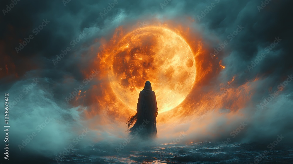 A mysterious hooded figure standing in a swirling mist under a haunting pumpkin moon A mysterious hooded figure standing in a swirling mist under a haunting pumpkin moon