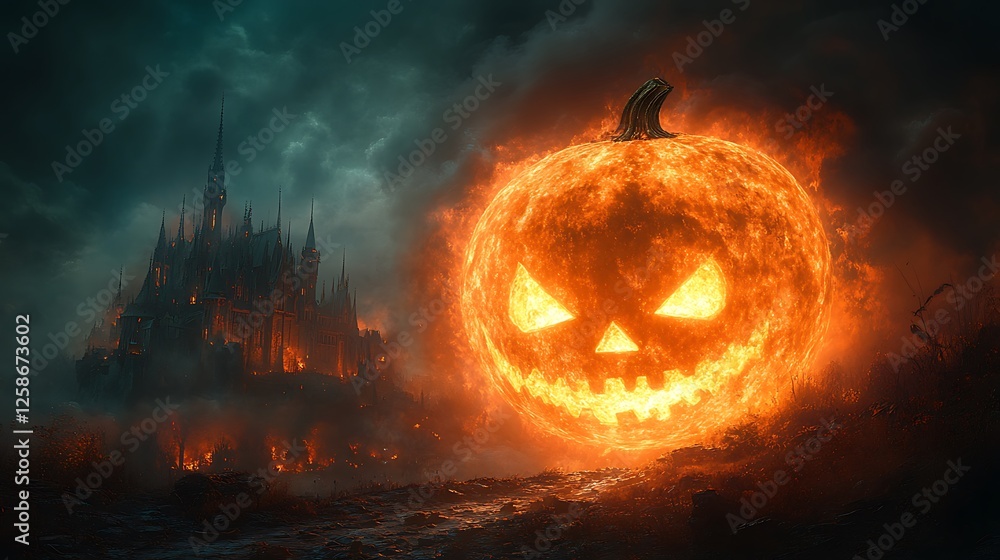 A gothic castle on a hill illuminated by a massive eerie pumpkin moon A gothic castle on a hill illuminated by a massive eerie pumpkin moon