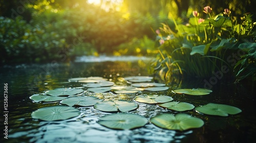 Serene Pond With Lily Pads In Lush Greenery