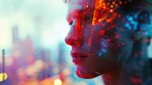 A stylized digital portrait of a person overlaid with neon lights and futuristic city reflections. The cyberpunk aesthetic blends technology with human expression. AI generated.