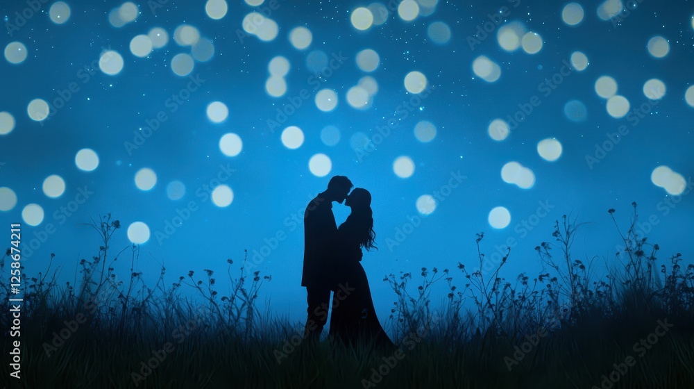 Romantic Couple Sharing a Kiss Under a Starry Night Sky with Soft Bokeh Lights in the Background Romantic Couple Sharing a Kiss Under a Starry Night Sky with Soft Bokeh Lights in the Background