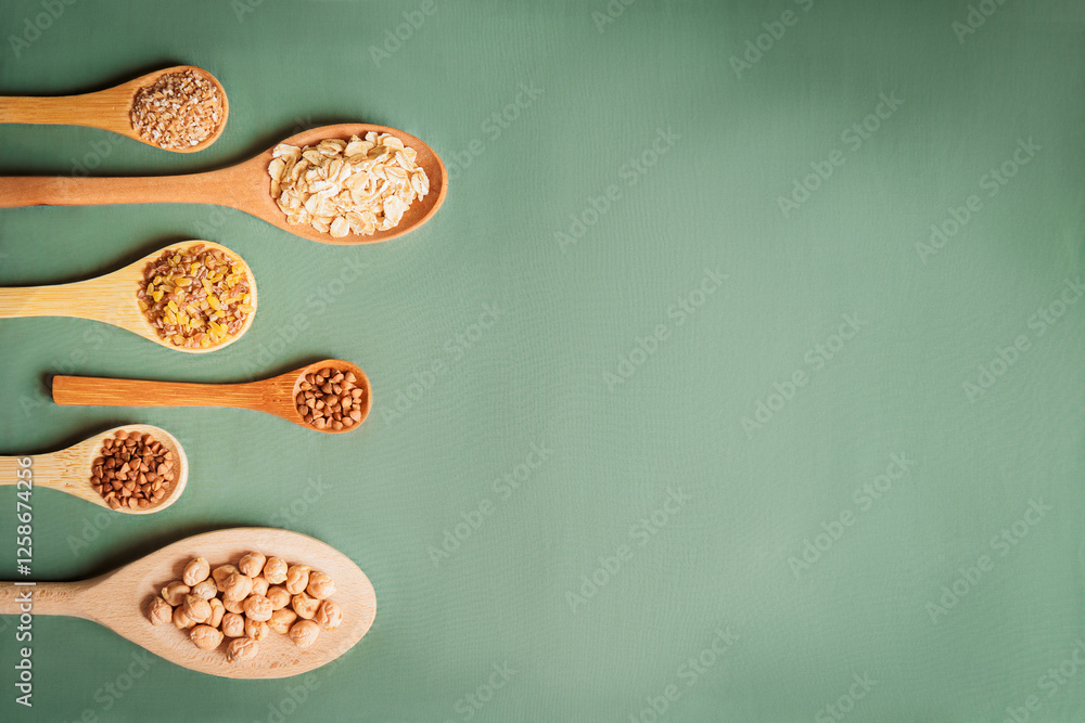 Various grains and cereals in wooden spoons arranged on a green background, creating a minimalist and healthy food concept. Natural light and clean composition Various grains and cereals in wooden spoons arranged on a green background, creating a minimalist and healthy food concept. Natural light and clean composition