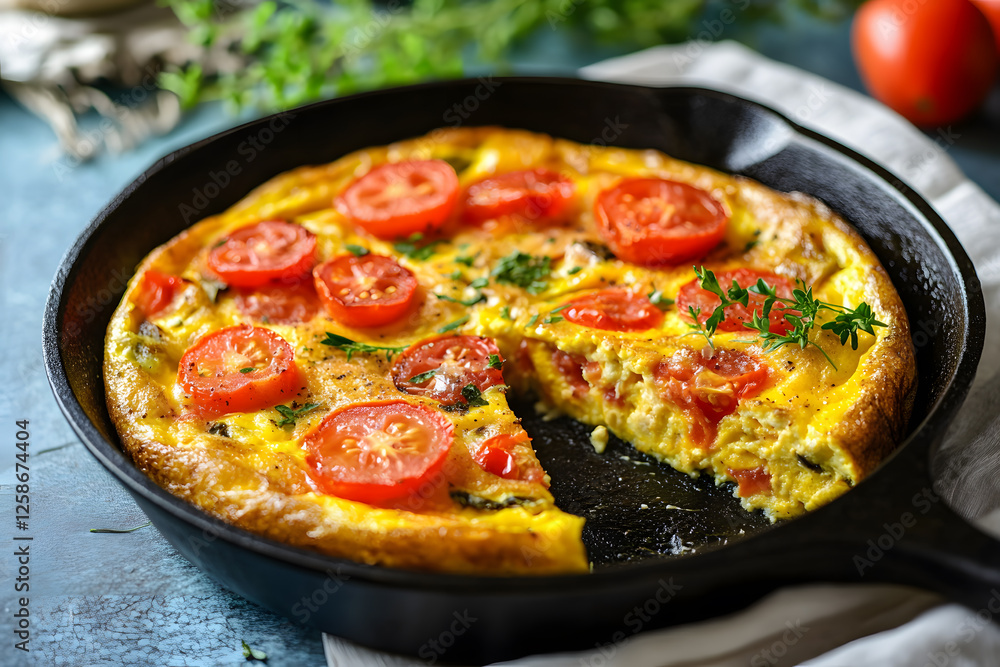 Tomato Frittata in Cast Iron Skillet with Fresh Herbs Tomato Frittata in Cast Iron Skillet with Fresh Herbs