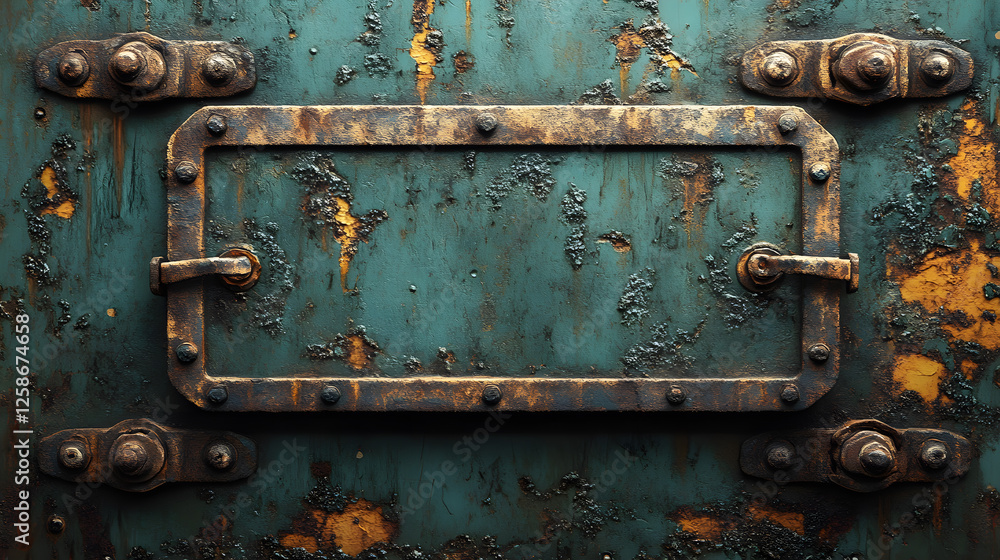Rusty green door with visible rust and industrial texture in realistic photography setting Rusty green door with visible rust and industrial texture in realistic photography setting