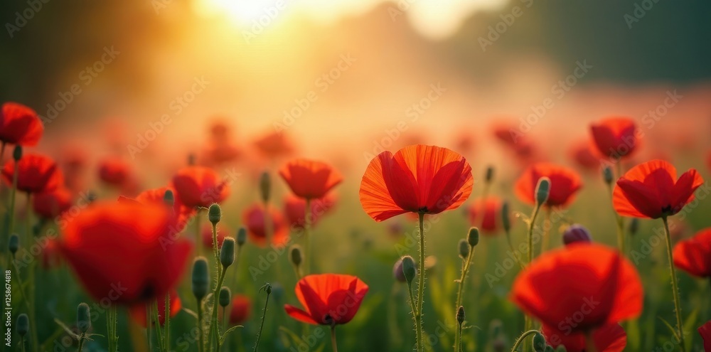 Sunlit poppies emerge from swirling morning mist , scenic, ethereal Sunlit poppies emerge from swirling morning mist , scenic, ethereal