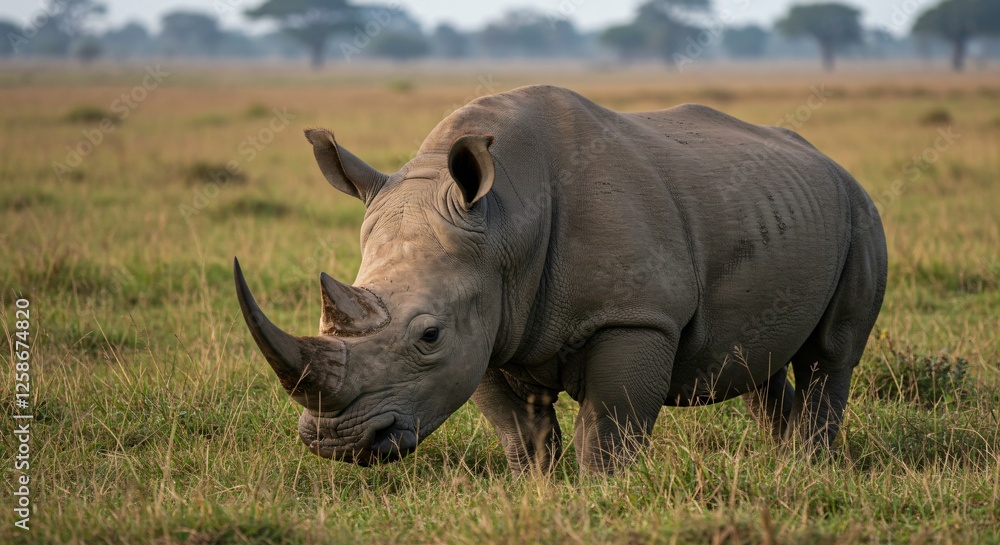 A majestic rhinoceros grazes in the African savanna, its thick skin and prominent horns displaying its raw power. The peaceful scene captures the beauty of wildlife in its natural habitat. A majestic rhinoceros grazes in the African savanna, its thick skin and prominent horns displaying its raw power. The peaceful scene captures the beauty of wildlife in its natural habitat.