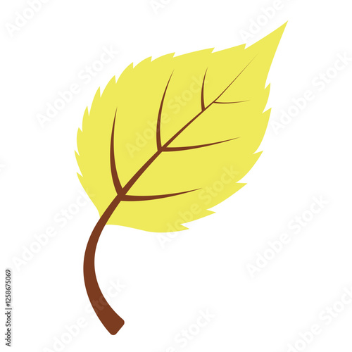 Yellow leaf with a brown stem, perfect for autumn themed designs such as greeting cards, backgrounds, or nature themed illustrations