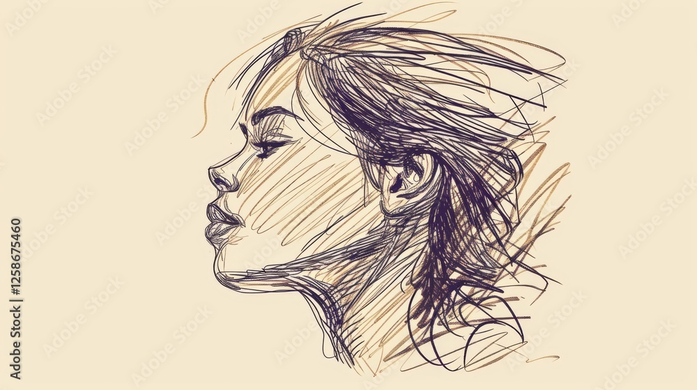 A dynamic sketch-style portrait of a woman in profile, with expressive lines that suggest movement and emotion, blending realism with artistic abstraction. AI generated.