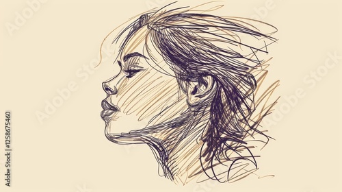 Obraz na płótnie A dynamic sketch-style portrait of a woman in profile, with expressive lines that suggest movement and emotion, blending realism with artistic abstraction. AI generated. w salonie