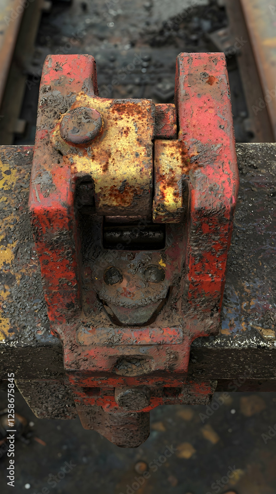 Rusty train track clamp detail, close-up view. Industrial setting, showing wear and age. Useful for transportation, engineering, or industrial themes Rusty train track clamp detail, close-up view. Industrial setting, showing wear and age. Useful for transportation, engineering, or industrial themes