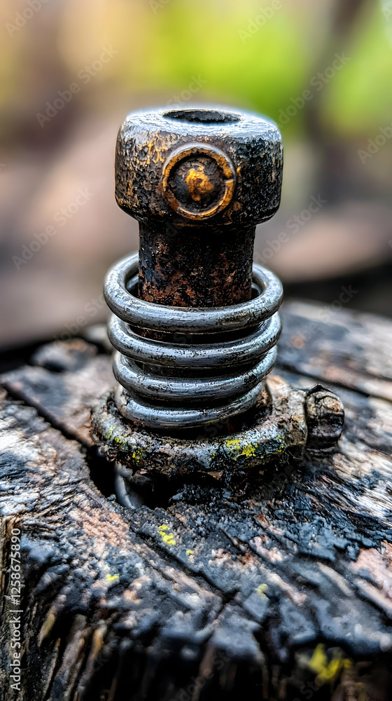 Rusty metal spring on weathered wood, close-up detail, blurred background, industrial setting, perfect for mechanical or historical themes Rusty metal spring on weathered wood, close-up detail, blurred background, industrial setting, perfect for mechanical or historical themes