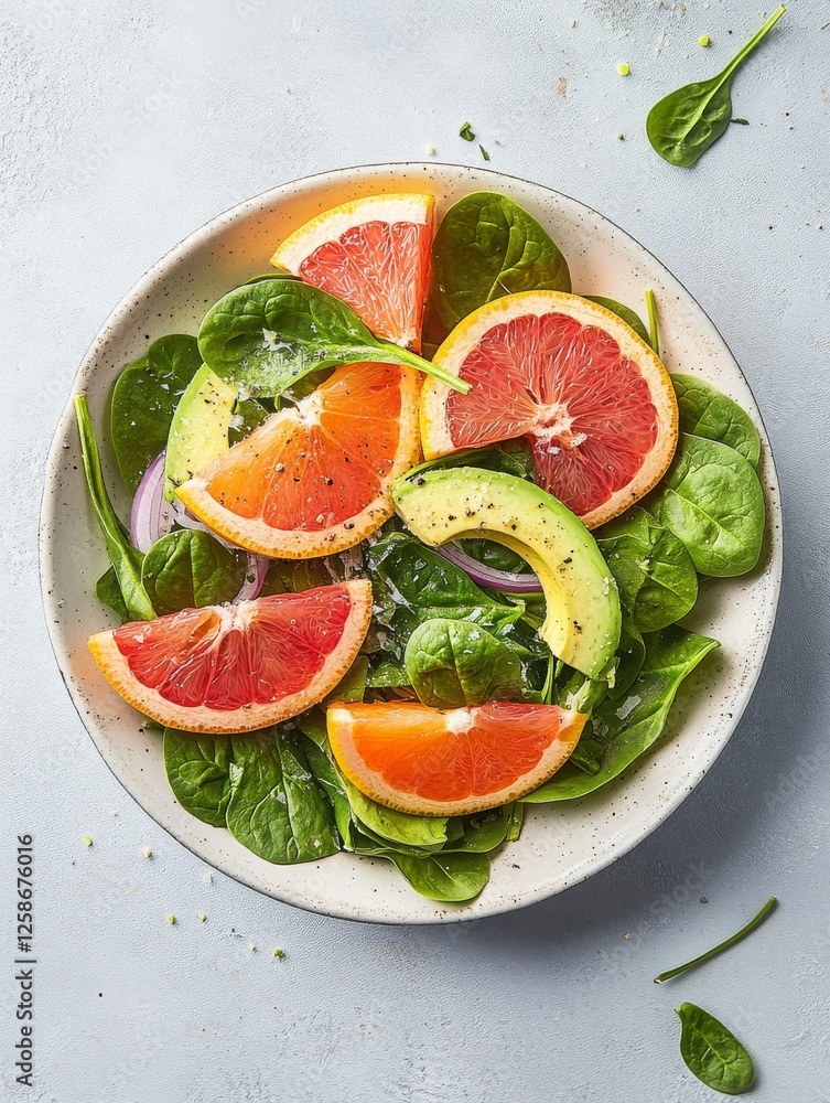 Fresh spinach salad with grapefruit, avocado, and red onion served on a rustic plate Fresh spinach salad with grapefruit, avocado, and red onion served on a rustic plate