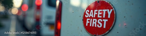 Close-up of a safety first shield sticker on a metallic surface, metal, construction photo